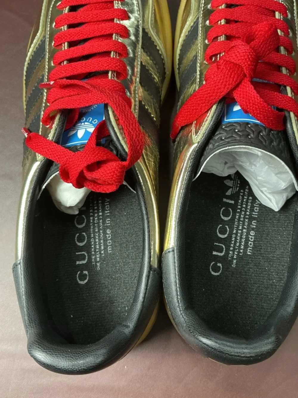 adidas Gold Metallic Sneakers with Red Laces and Black Stripes - Picture 6 of 8